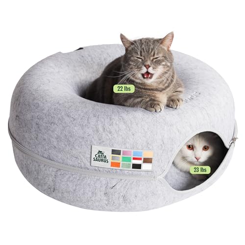 Cattasaurus Peekaboo Cat Cave Donut for Multiple & Large Cats up to 30-45 lbs, 3-in-1 Self Warming Cat Bed, Tunnel & Scratcher for Indoor Cats, Washable & Detachable Small Dog Bed (Light Gray, Large) - color: Light Gray, size: Large