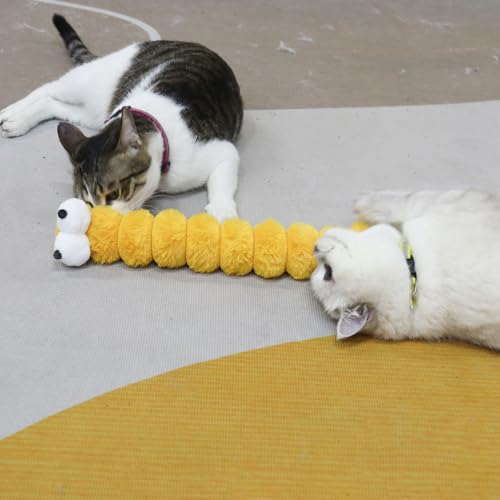 Andiker Catnip Toys for Cats, Cute Caterpillar Design Cat Pillar with Pompom Ball Cat Kicker Toy Containing Catnip Silvervine Galls Fruit Interactive Cat Toys for Indoor Cats (Yellow) - color: Yellow