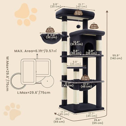 Heybly Cat Tree, 56-Inch Multi-Level Easy Climb Tower for Large Cats, Cat Furniture with 2 Perches, Cozy Hammock, Spacious Condo & Cat Basket, Durable Sisal Scratching Posts, Smoky Gray HCT028G - color: Smoky Gray