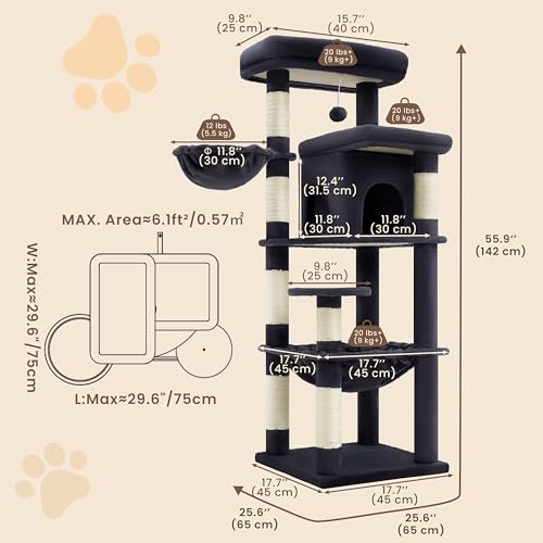 Heybly Cat Tree, 56-Inch Multi-Level Easy Climb Tower for Large Cats, Cat Furniture with 2 Perches, Cozy Hammock, Spacious Condo & Cat Basket, Durable Sisal Scratching Posts, Smoky Gray HCT028G - color: Smoky Gray