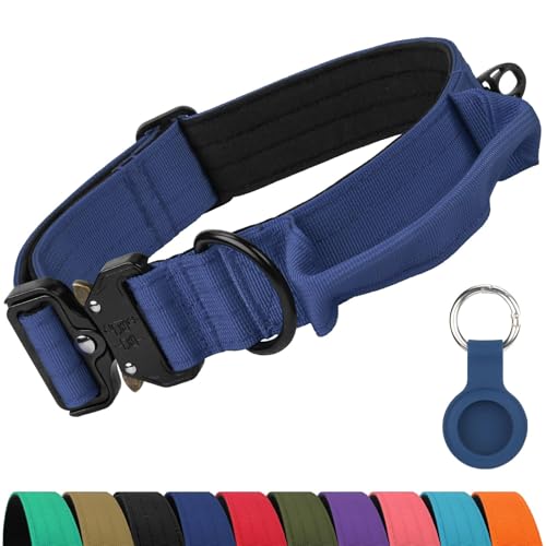 Joytale Tactical Dog Collar for Large Dogs with Control Handle, Heavy Duty Military Training Collar for Power Breeds, AirTag Holder Case, Quick Release Metal Buckle, Soft Padded, L, Navy Blue - color: Navyblue, size: L-1.5"×17-23"