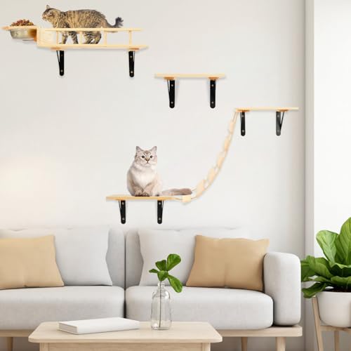 TIMIEEYA Cat Wall Shelves - Stable & Safe 5 in 1 Cat Walls Furniture Set, Wooden Kitten Climbing Wall with Bridge Ladder & Wall Steps - style: 5pcs with Bowl