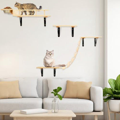 TIMIEEYA Cat Wall Shelves - Stable & Safe 5 in 1 Cat Walls Furniture Set, Wooden Kitten Climbing Wall with Bridge Ladder & Wall Steps - style: 5pcs with Bowl