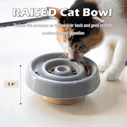 Ceramic Cat Slow Feeder, Raised Slow Feeder Cat Bowl, Anti Vomiting and Whisker Friendly Kitty Dish, Elevated Puppy Kitten Bowl for Dry and Wet Food (Gray) - color: Gray