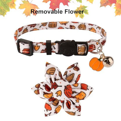 ADOGGYGO Thanksgiving Cat Collars with Removable Flower Bell, Adjustable Thanksgiving Fall Pumpkin Floral Collars for Girl Cats & Kittens - color: Thanksgiving
