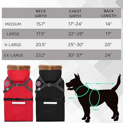 PAWNISAW Dog Winter Coat with Harness Built in, Warm Thick Plush Hooded Dog Snow Jacket for Cold Weather, Windproof Reflective Pet Clothes Outfit for Small, Medium, Large, XL & XXL Dogs Outdoor - color: Red