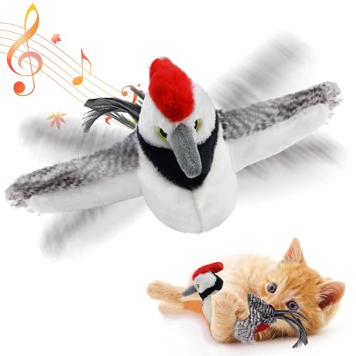 Cat Toys, Flapping Wings Woodpecker, No Flying, Chirping Bird Interactive Catnip Toy for Kitten or Small Dogs, Touch Activated, Rechargeable - color: Big Woodpecker