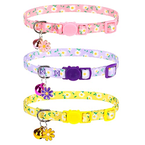 Breakaway Cat Collars with Bell & Cute Pendants, 3 Pack Safety Buckle Kitten Collars, Adjustable Pet Collar Ideal for Girl Boy Cats Puppy (Daisy Pattern) - color: Style A - Flower