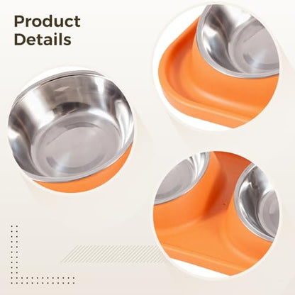 Cat and Dog Double Feeding Bowl Set with Non-Slip Silicone Base Mat, 15.9×8.7×3.1, Orange