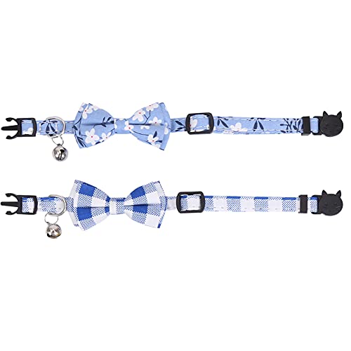 2 Pack/Set Cat Collar Breakaway with Cute Bow Tie and Bell Plaid Flower for Kitty Adjustable Safety - color: Blue