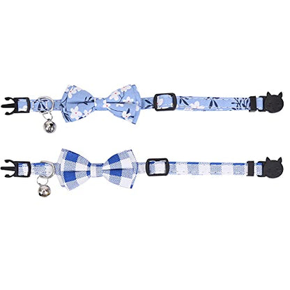 2 Pack/Set Cat Collar Breakaway with Cute Bow Tie and Bell Plaid Flower for Kitty Adjustable Safety - color: Blue