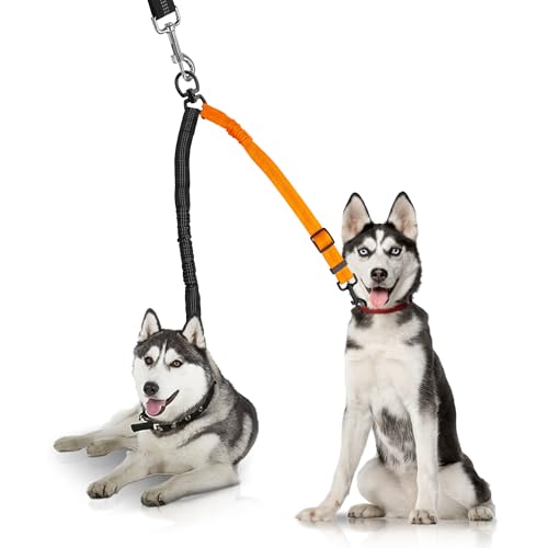 YAODHAOD Double Dog Leash,Two Dog Leash Splitter, No Tangle 360° Swivel Rotation Reflective Lead, Adjustable Length Bungee Heavy Duty Walking Training Dual Extension (Black + Orange) - color: Black + Orange