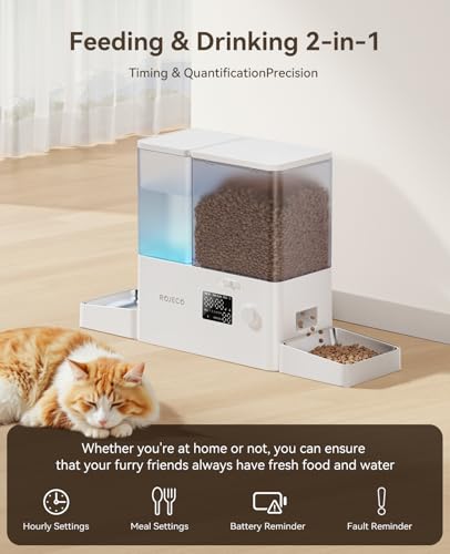 ROJECO Automatic Cat Feeder and Water Dispenser,36Cups/8.5L 2-in-1 Stainless Steel Bowls Large Capacity Cat Food Dispenser and Gravity Water Fountain for Cats Small Dogs Puppies Kittens Pets - color: White, size: 8.5L-Standard