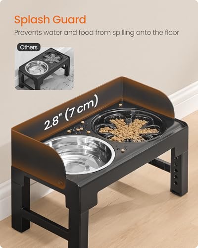 Feandrea Dog Bowls Elevated, Raised Stand with 1 Slow Feeder and Two 304 Stainless Steel Bowls, Adjustable Height and Tilted Design, Ink Black UPRB103B01 - color: Ink Black