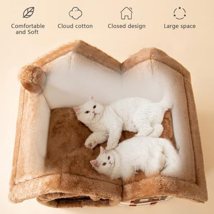 Cute Bear Pet Nest Luxury Double Roof Indoor Dog House Winter Cat Nest Foldable Warm Soft Kennel Cozy Cat House with Removable Cushion Pillow and Non-Slip Bottom - size: M:17.3*14.2*15.4IN