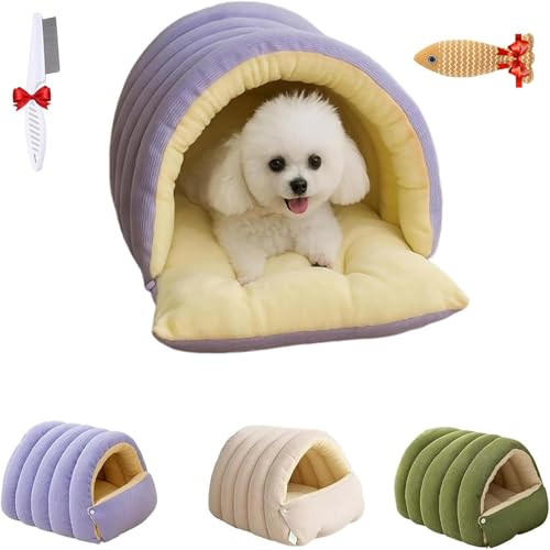 Removable and Washable Winter Closed-Off Cat Bed, Warm Cozy Comfort Pet Cave for Cats & Kittens, Machine-Washable Removable Cushion, Non-Slip Base - color: Purple, size: 17.7*11.8*7.5 in