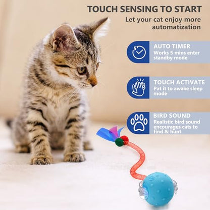 Interactive Cat Toys for Bored Indoor Cats, Chirping & Motion-Activated Cat Toys, Fun Gift for Cats with 2 Speed Settings & 3 Modes, USB Rechargeable,Blue