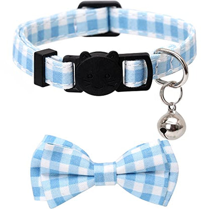 2 Pack/Set Cat Collar Breakaway with Cute Bow Tie and Bell Plaid Flower for Kitty Adjustable Safety - color: Blue-2