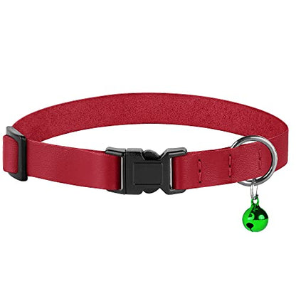 Breakaway Cat Collar with Bell - Leather Adjustable Kitten Collars with Safety Quick Release Buckle - Soft Small Pet Collars for Girl & Boy Cats (Red) - color: Red