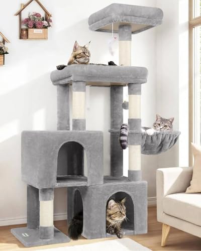 Globlazer Cat Tree Tower with 2 Cat Condos for Multiple Indoor Cats, 52in Multi-Level Plush Cat Condo Tower with 5 Sisal Scratching Posts, 2 Padded Perches, Big Basket, Widened Base, S52, Light Grey - color: Light Grey
