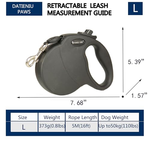 16Ft Chew Proof Retractable Dog Leash Anti-Chewing Wire Ropes Hands-Free Adjustable Safety Lock Durable Nylon Belt for Large Dogs Black L - color: Black, size: Large
