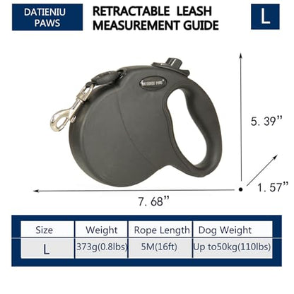 16Ft Chew Proof Retractable Dog Leash Anti-Chewing Wire Ropes Hands-Free Adjustable Safety Lock Durable Nylon Belt for Large Dogs Black L - color: Black, size: Large