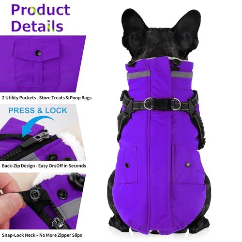 Dog Coat with Harness, Waterproof Warm Dog Winter Jacket with Pockets, Reflective Pet Fleece Jacket Turtleneck Snowsuit for Small Medium Large Dogs - Purple, 3XL - color: Purple, size: XXX-Large(Chest:42.9" Back:26.8" Neck:26.8")
