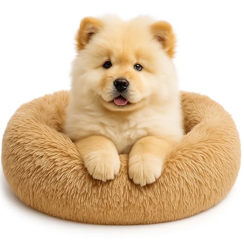 Calming Dog Bed - Fluffy Donut Cuddler for Anxiety Relief, Orthopedic Pet Bed with Non-Slip Bottom, Cozy Round Faux Fur Nest for Dogs and Cats, Plush Crate Mat for Comfort (Camel, Small +) - color: Camel, size: Small +