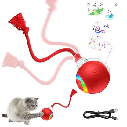 Interactive Cat Toy Ball with Red Tassel Tail, 3 Speed Modes Motion Activated Automatic Rolling Ball with Sound On/Off, USB Rechargeable Durable Toys for Cats & Kittens, Indoor Small Dogs - color: B -Red