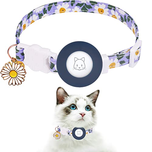 Airtag Cat Collar, JXFUKAL Kitten Collar Breakaway with Silicone Airtag Holder, Bells & Flower Charm for Girl Cats Boy Cats Small Dogs(Blue) - color: Blue