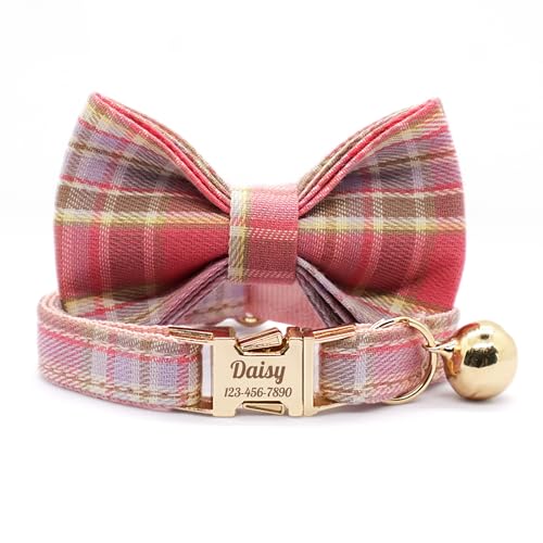 Personalized Plaid Cat Collar with Bell - Non-Breakaway Custom Polyester Kitten Collar with Engraved Name & Phone Number (Pattern 01, L (7.5-12.5 Inches)) - color: Pattern 01, size: L (7.5-12.5 Inches)