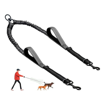 Double Dog Leash - No Tangle Splitter for Two Dogs, Coupler with Adjustable Long Lead Rope, Dual Control Handles, Retractable No Pull Bungee, Walk Train Small Medium Large 2 Pets (Grey) - color: Grey