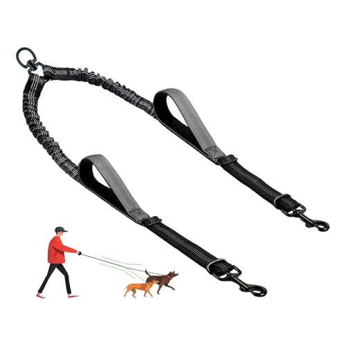 Double Dog Leash - No Tangle Splitter for Two Dogs, Coupler with Adjustable Long Lead Rope, Dual Control Handles, Retractable No Pull Bungee, Walk Train Small Medium Large 2 Pets (Grey) - color: Grey
