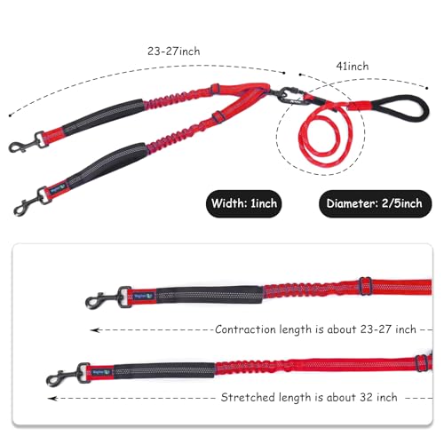 Double Dog Leash No Tangle – Dual Dog Leash for 2 Dogs with Shock Absorbing Bungee, 360° Swivel, Reflective Safety, Heavy Duty for Medium & Large Dogs (Carnation Red) - color: Carnation Red