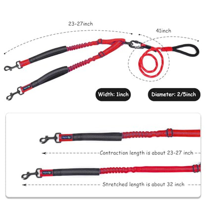 Double Dog Leash No Tangle – Dual Dog Leash for 2 Dogs with Shock Absorbing Bungee, 360° Swivel, Reflective Safety, Heavy Duty for Medium & Large Dogs (Carnation Red) - color: Carnation Red
