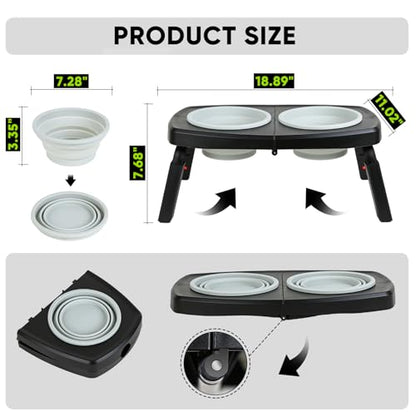 Elevated Dog Bowls Stand, 3 Height Adjustable Raised Dog Bowl with Collapsible Silicone Bowls, Non-Slip Stand for Small, Medium, Large Dogs & Pets