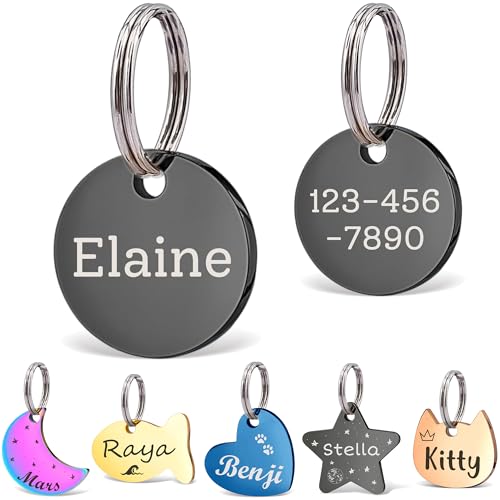 Anavia Small Size Dog Cat ID Tags, Small/XS Personalized Color Plated Stainless Steel Puppy Kitten Name Tags, Customized Engraved Nameplate Pet Collar Tag (Black, XS-Round) - color: Black, size: XS-Round