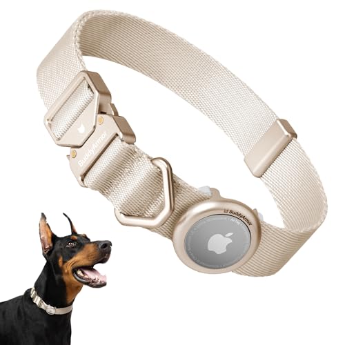 Dog Airtag Collar Adjustable Soft Nylon Lightweight Dog Collar Quick Release with Alloy Buckle, Airtag Holder Case Airtag Dog Collar for Medium Large Dogs (Linen, M) - color: Linen, size: M