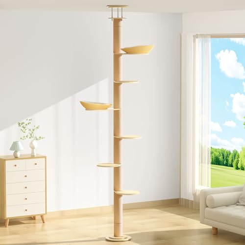 Solid Real Wood Floor to Ceiling Cat Tree, 7 Level Adjustable Height (105"-122"), Modern Climbing Tower with Thickened Wooden Sisal Scratching Posts & Cozy Bed for Indoor Cats Large Adult - size: 7 Level | 105-122 in