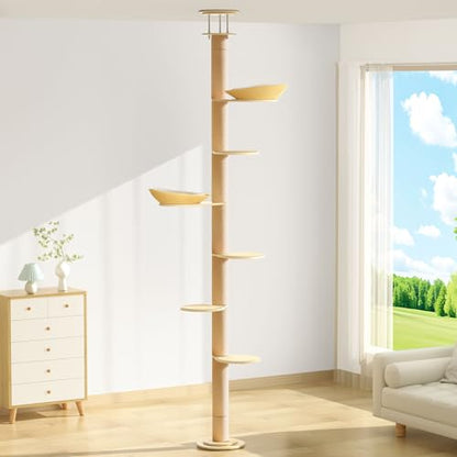 Solid Real Wood Floor to Ceiling Cat Tree, 7 Level Adjustable Height (105"-122"), Modern Climbing Tower with Thickened Wooden Sisal Scratching Posts & Cozy Bed for Indoor Cats Large Adult - size: 7 Level | 105-122 in