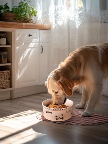 Ceramic Dog Bowl 55oz Heavy Duty Pet Food and Water Bowl for Medium Large Dogs Non Slip Weighted Dog Dish with Cute Bone and Fish Design Easy to Clean - color: Light Pink