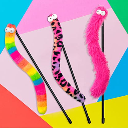 3 Pack Cat Wand Toy, Rainbow Cat Feather Toys with Bells, Teaser Wand with Soft Furry Tail, Interactive Toys for Indoor Cats & Kitten & Kitty - style: Playful