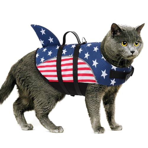 Queenmore Cat Life Jacket, XXS Extra Small Dog Life Vest for Swimming, American Flag Puppy Swimming Vest for Boating, Lightweight Small Dog Shark Swim Jacket with Rescue Handle/Leash Hook - color: USA Flag, size: XX-Small