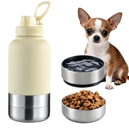 Cibaabo Insulated Dog Water Bottle with 2 Bowls, 32oz Travel Stainless Steel Double Wall Thermos, Portable Pet Dispenser, Gifts for Puppy Small Medium Dogs Walking Hiking and Camping - color: Buttercream