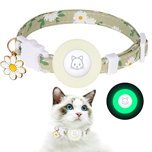 Airtag Cat Collar, JXFUKAL Kitten Collar Breakaway with Silicone Airtag Holder, Bells & Flower Charm for Girl Cats Boy Cats Small Dogs(Luminous Green) - color: Luminous Green