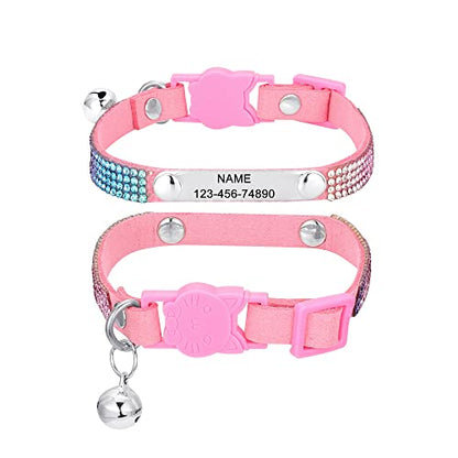 Personalized Cat Collar Breakaway Diamond Rhinestone with Bell, Customized Bling Kitten Pet Collar Adjustable with Engraved ID Name Plate (Pink) - color: Pink