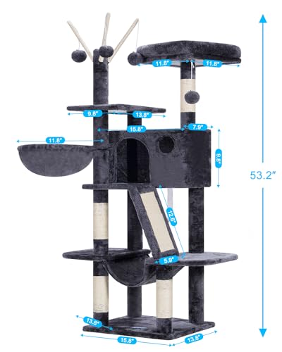 Hey-brother Cat Tree, 53 inch Cat Tower for Indoor Cats, Cat House with Padded Platform Bed, Toy Balls, Large Cozy Condo, Hammocks and Sisal Scratching Posts, Smoky Gray MPJ019-SG - color: Smoky Gray