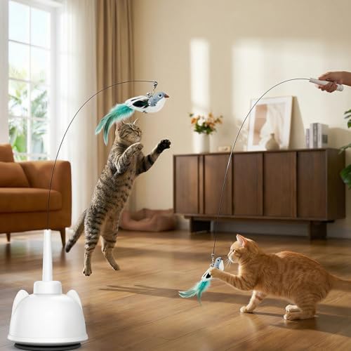 2 in 1 Electric Cat Wand Toy Interactive Cat Toys for Indoor Cats 360° Flying Bird Cat Toy, 2-Speed Fly Cat Chase Toy Automatic Cats Toys with Self ON/Off Suction Cup Electric Cat Teaser Wand - style: Electric Wand-White