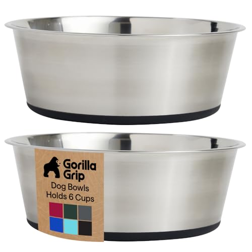 GORILLA GRIP Dog Bowls, Food Grade 304 Stainless Steel, Holds 6 Cups Each (48 fl oz) Food and Water Bowl for Feeding Dogs and Cats, Dishwasher Safe, Rust Resistant, BPA Free Rubber Base Set of 2 Black - color: Black, size: 6 Cup (48 Oz)