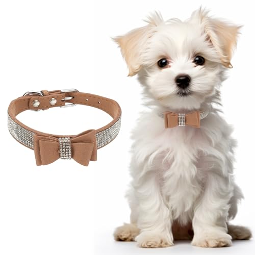 Cute Dog Collar with Bling Rhinestone, Bling Dog Collar Adjustable Leather Diamond Sparkling Jewel Accessories 17", (Brown), Intended for Teacup/Cat/Small Medium Large Pet - color: Brown, size: 17 Inch